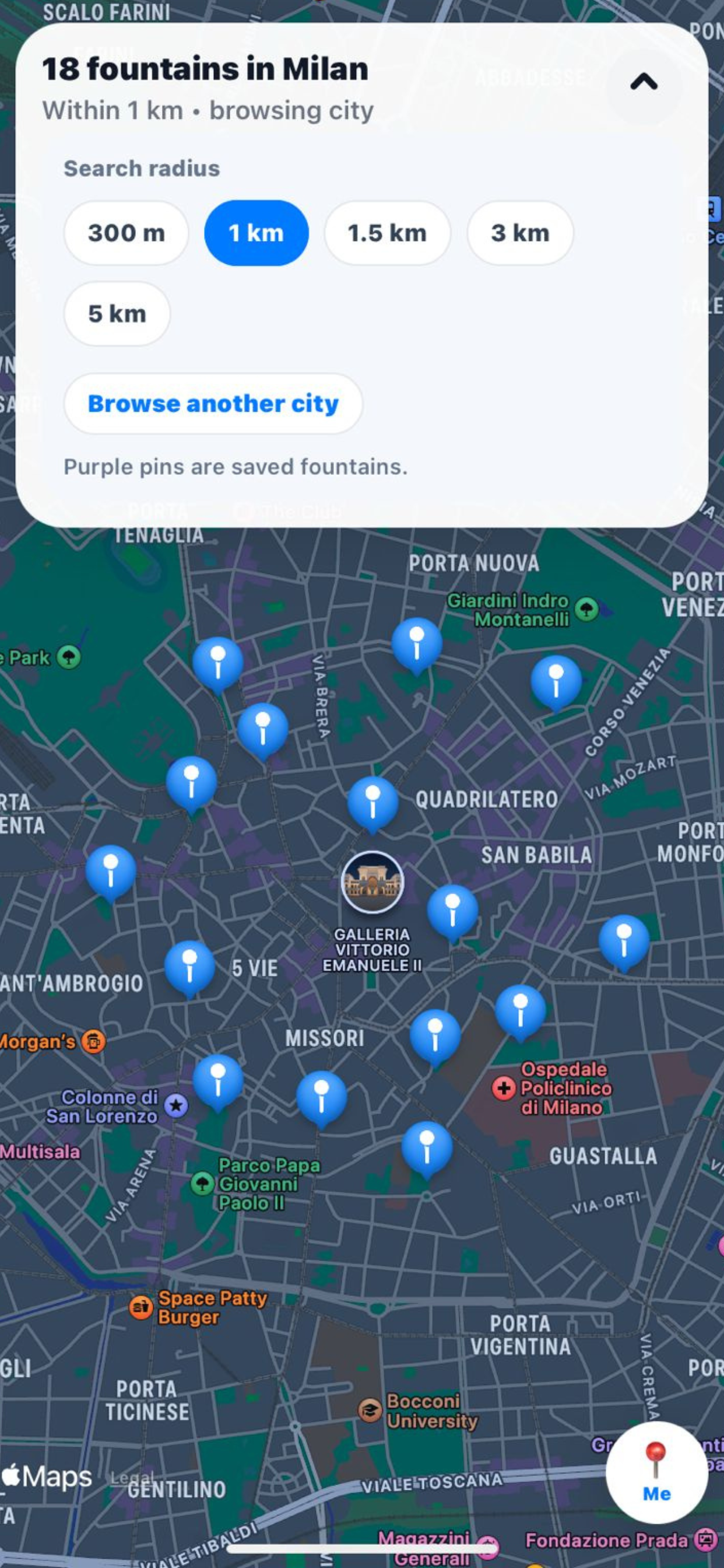Fontanella radius controls and city browsing